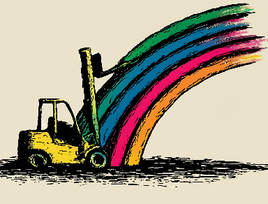 ArcLift Logo - A forklift raises up one end of a colorful array of stacked arcs.